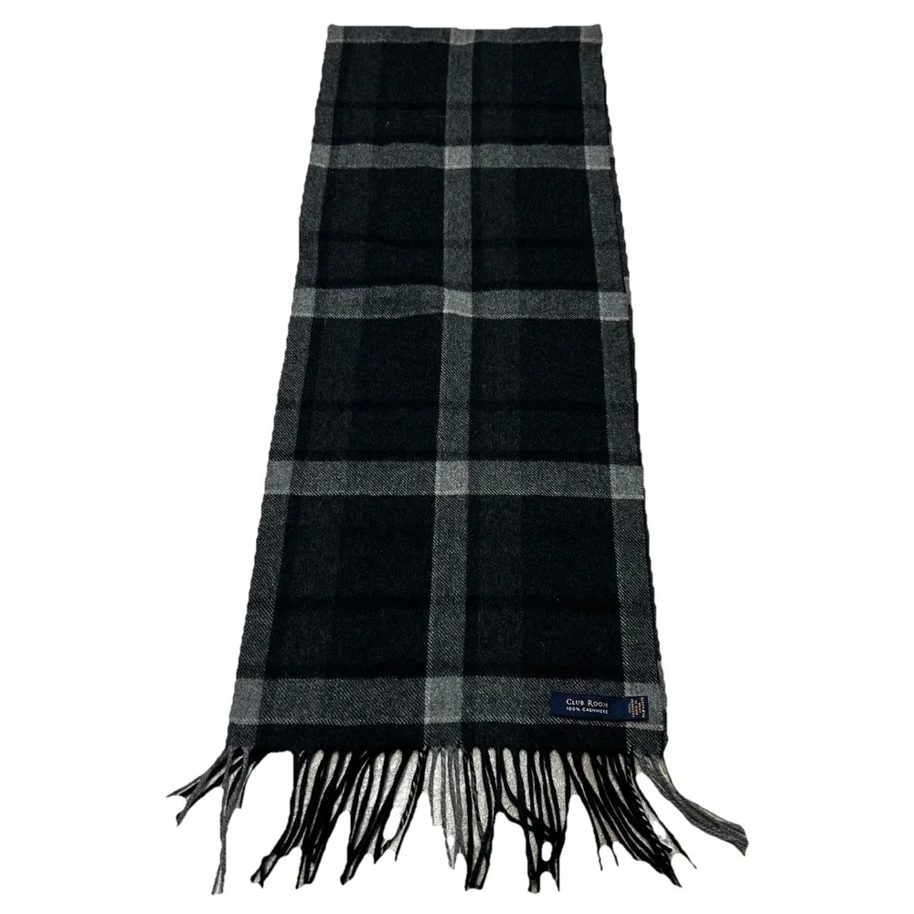 Club Room 100% Cashmere Wool Scarf Fringe Black Grey Plaid NWT Retail $95